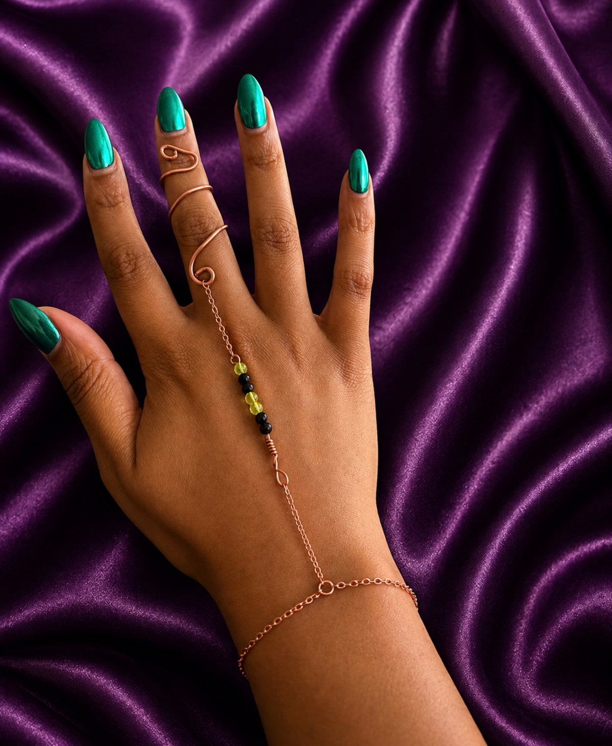 The Conjurer’s Hand | Custom Copper Hand Chain Ring | Choose Your Bead Colors | Handmade Talisman Jewelry | Finger Bracelet