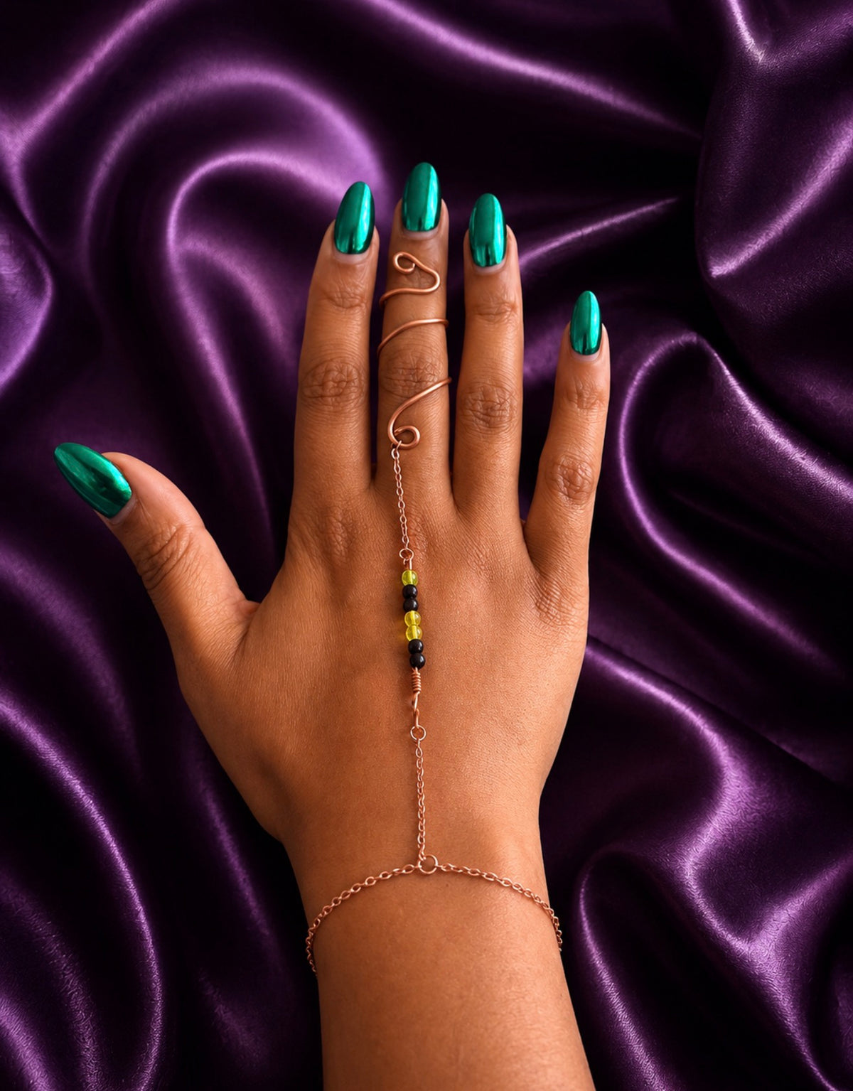 The Conjurer’s Hand | Custom Copper Hand Chain Ring | Choose Your Bead Colors | Handmade Talisman Jewelry | Finger Bracelet