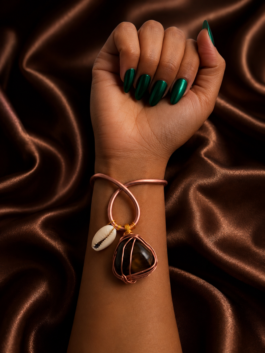 Cowrie Shell and Tiger’s Eye Prosperity Talisman | Adjustable Copper Bracelet | Money & Abundance Jewelry