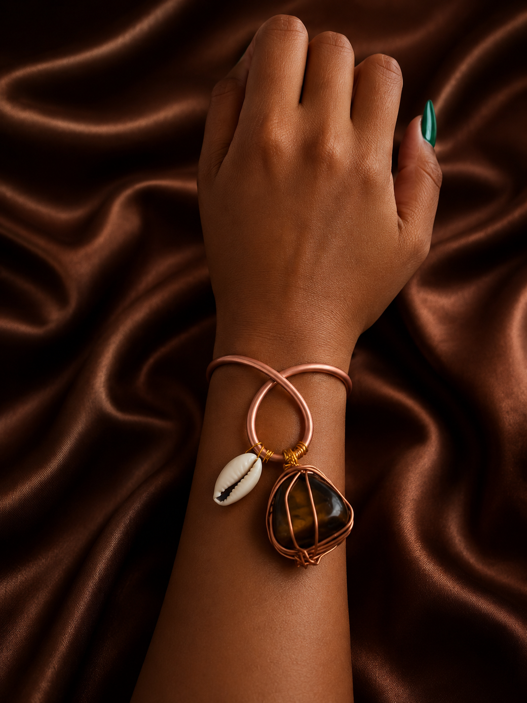 Cowrie Shell and Tiger’s Eye Prosperity Talisman | Adjustable Copper Bracelet | Money & Abundance Jewelry