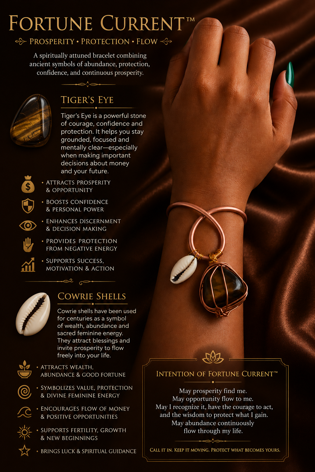 Cowrie Shell and Tiger’s Eye Prosperity Talisman | Adjustable Copper Bracelet | Money & Abundance Jewelry