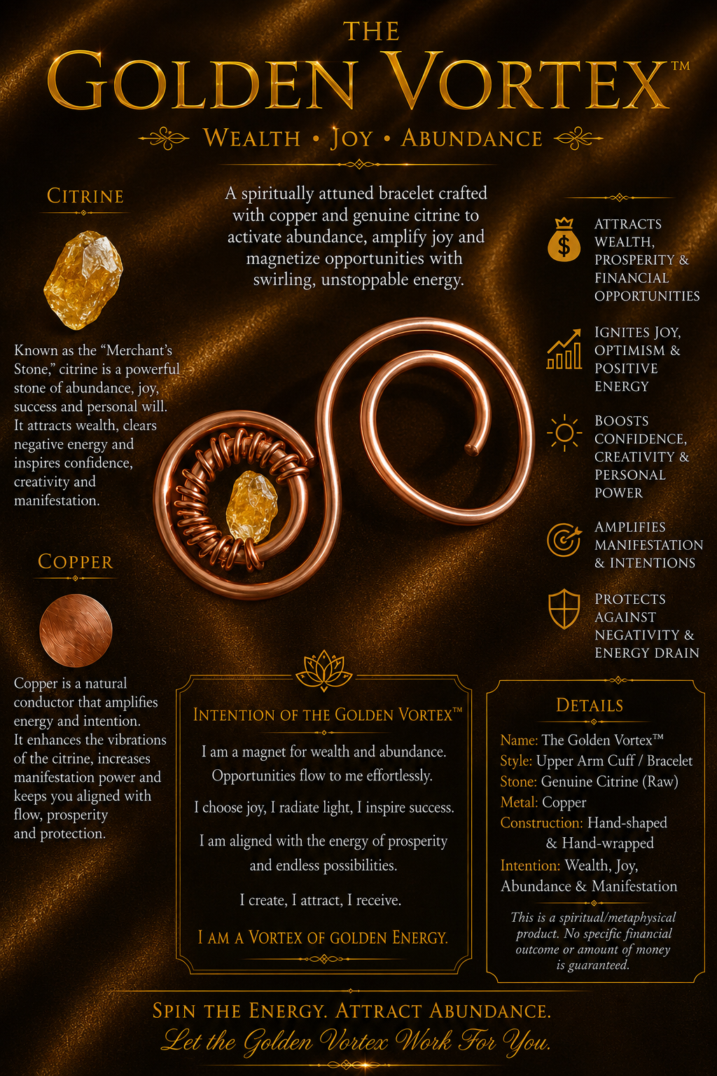 The Golden Vortex | One of One Copper Crystal Bracelet | Manifestation & Prosperity Talisman |