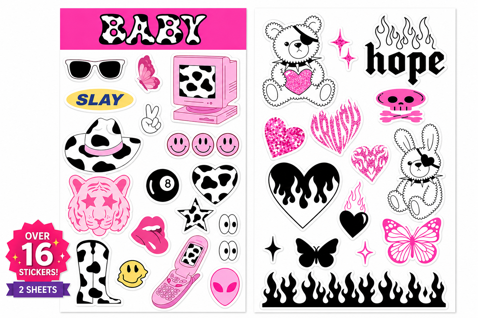 Y2K Cowgirl Aesthetic Sticker Pack – 16+ Edgy Pink & Black Stickers (2 Sheets) | Retro, Punk, Baddie Vibes