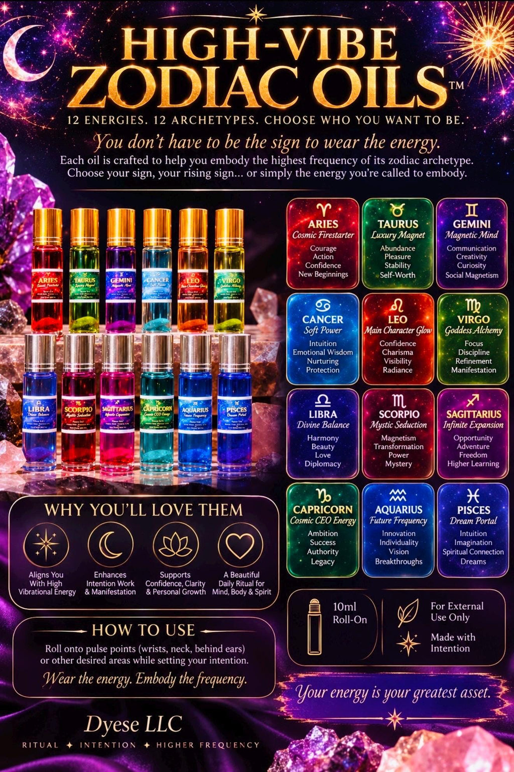 High-Vibe Zodiac Oil Roll-On | Choose Your Energy | 12 Zodiac Intention Oils | Astrology Ritual Oil | 10ml Spiritual Body Oil