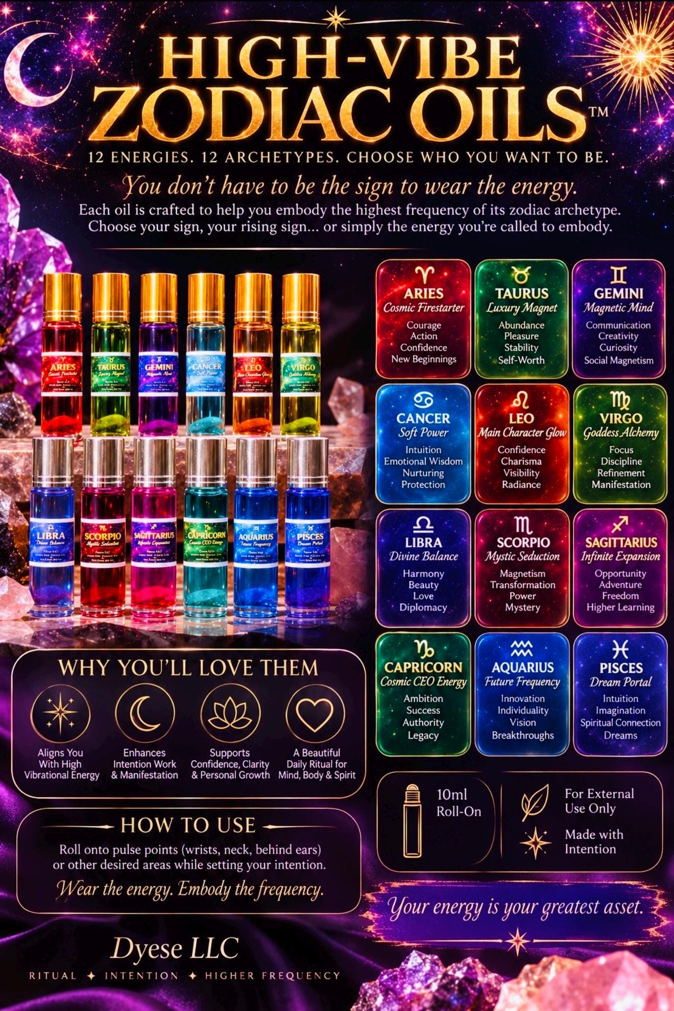 High-Vibe Zodiac Oil Roll-On | Choose Your Energy | 12 Zodiac Intention Oils | Astrology Ritual Oil | 10ml Spiritual Body Oil