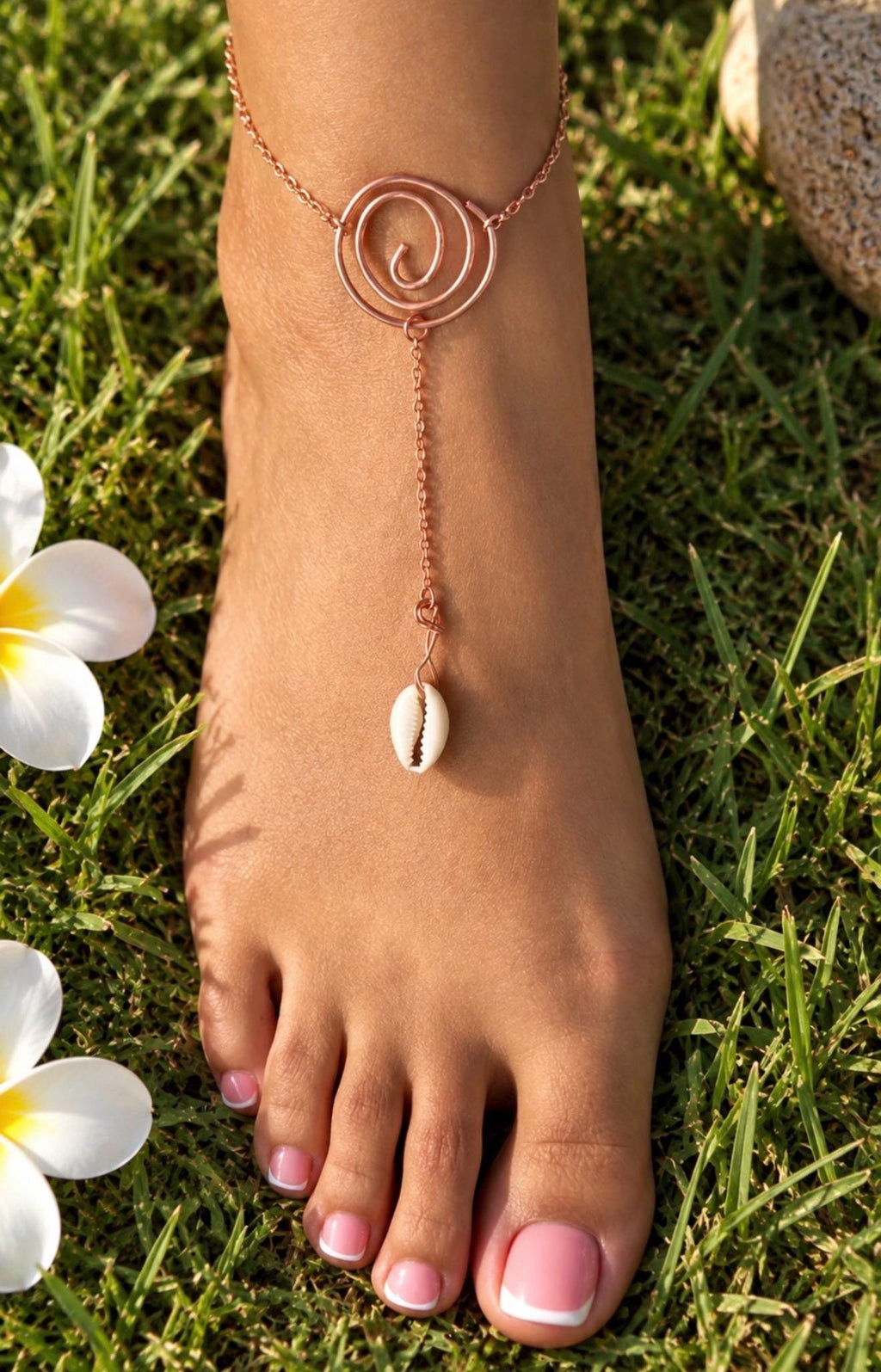 The Alchemy Current Copper Foot Talisman | Handmade Spiral Anklet with Cowrie Shell | Copper Conductor Jewelry | Barefoot Anklet