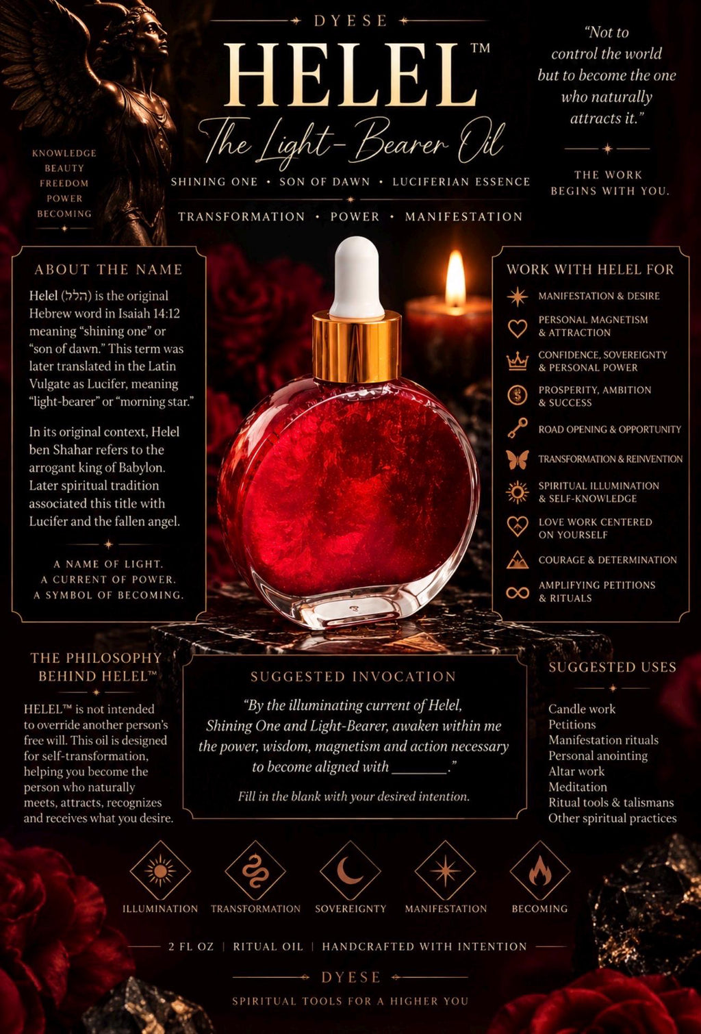 HELEL Light-Bearer Ritual Oil | Luciferian Spiritual Oil | Shining One, Son of Dawn | Manifestation, Power & Transformation | 2 oz