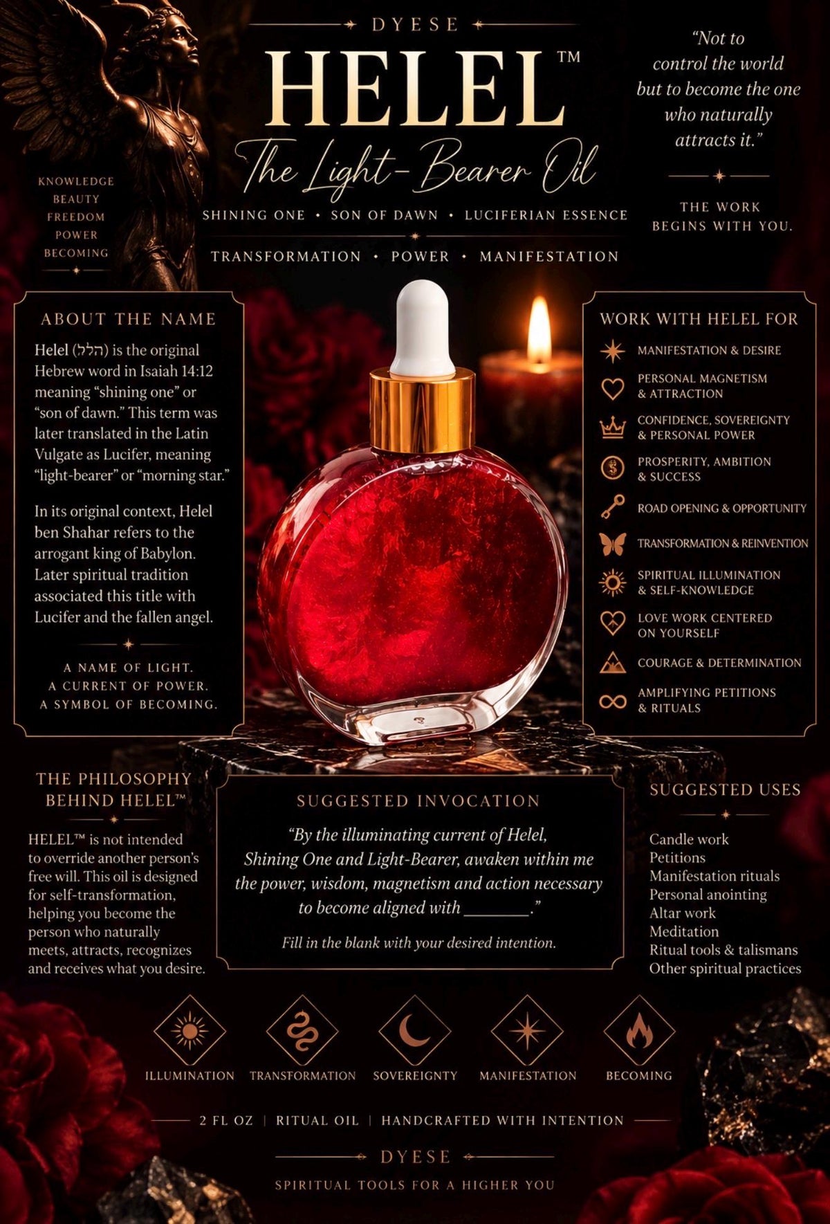 HELEL Light-Bearer Ritual Oil | Luciferian Spiritual Oil | Shining One, Son of Dawn | Manifestation, Power & Transformation | 2 oz