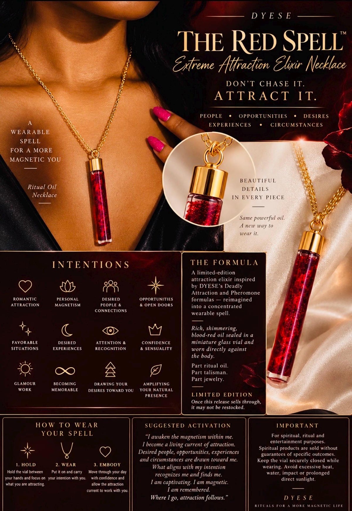 The Red Spell Extreme Attraction and Manifestation Oil Necklace | Wearable Ritual Oil | Pheromone Oil |