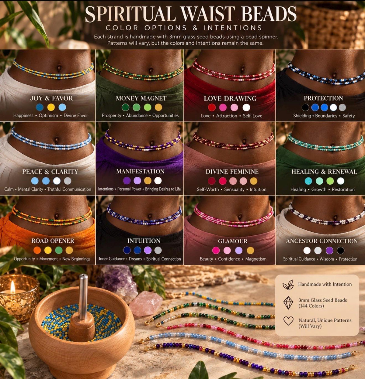 Spiritual Waist Beads | Blessed Intention Waist Beads | 3mm Glass Seed Beads | Protection Love Money Manifestation Body Talisman