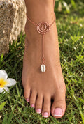 The Alchemy Current Copper Foot Talisman | Handmade Spiral Anklet with Cowrie Shell | Copper Conductor Jewelry | Barefoot Anklet