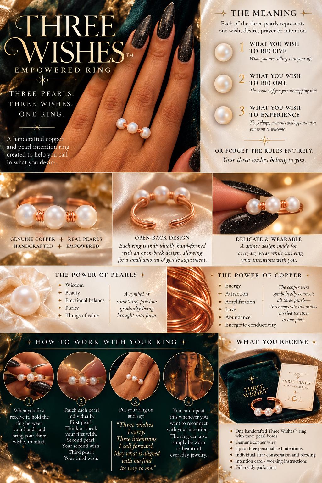 Three Wishes™ Empowered Copper Ring | 3 Pearl Intention Ring | Consecrated Spiritual Jewelry | Manifestation Ring | Handmade Copper