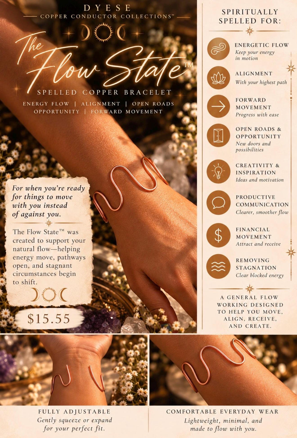 The Flow State™ Spelled Copper Bracelet | Open Roads, Energy Flow, Alignment, Opportunity & Forward Movement Jewelry