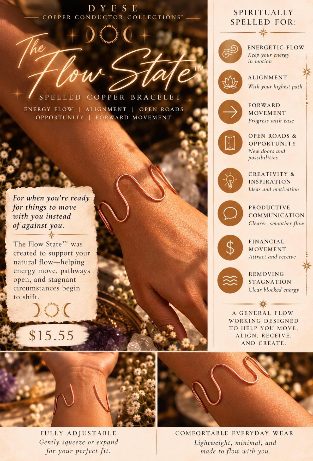 The Flow State™ Spelled Copper Bracelet | Open Roads, Energy Flow, Alignment, Opportunity & Forward Movement Jewelry