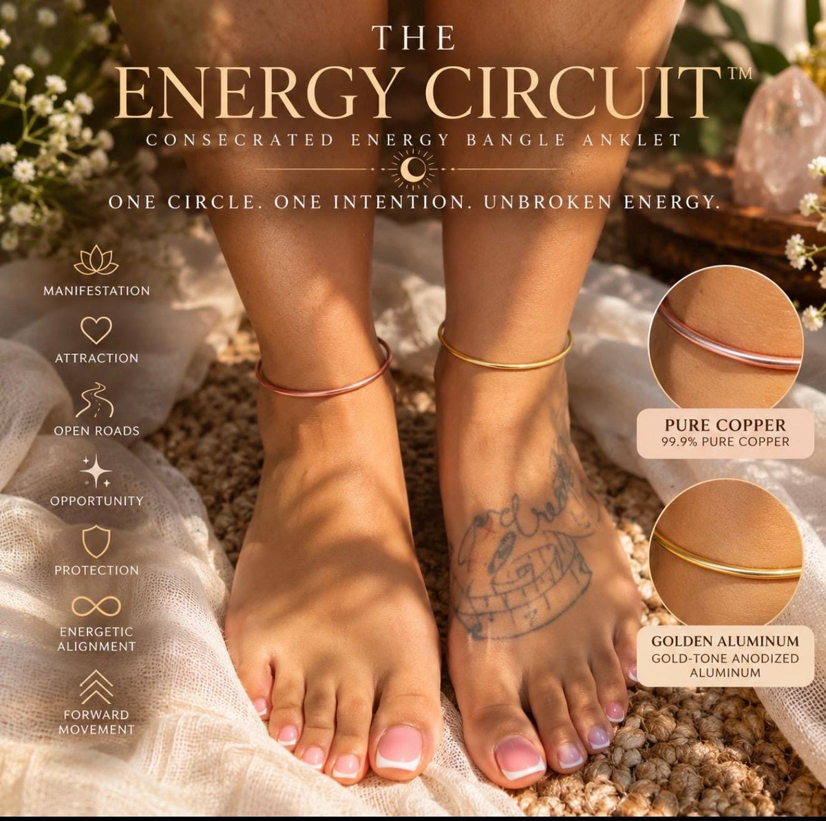 The Energy Circuit™ Anklet | Consecrated Energy Bangle | Copper or Gold Aluminum | Manifestation, Protection & Open Roads Jewelry