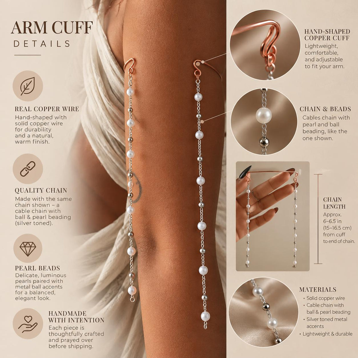 The Divine Drape | Copper Arm Cuff | Pearl Cascading Upper Arm Jewelry | Handmade Goddess Armlet | Statement Body Jewelry | DYESE